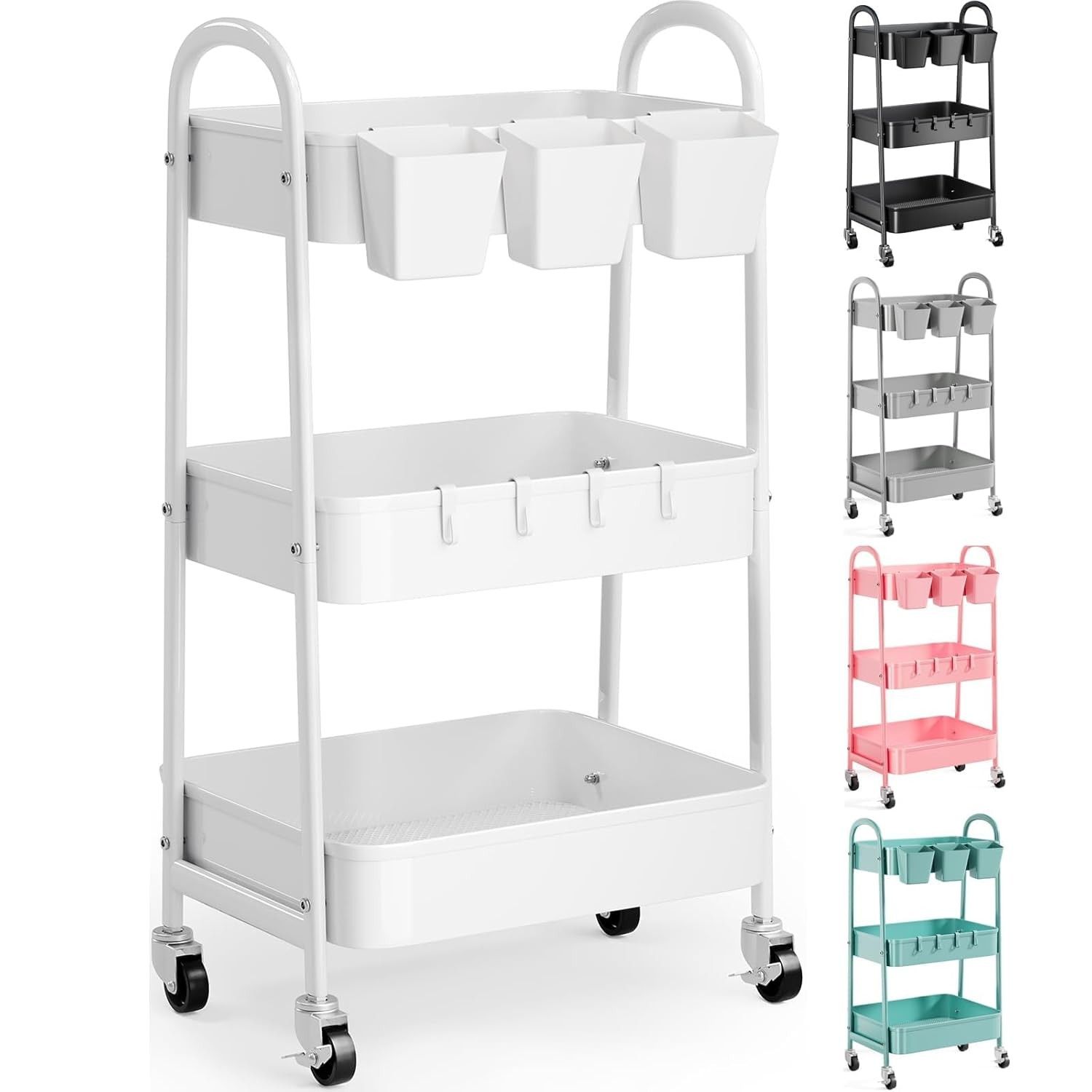 Carrinho de Rodinhas de Metal Branco 3 Camadas com Rodas Bloqueáveis - Ideal para Cozinha, Banheiro e Armazenamento