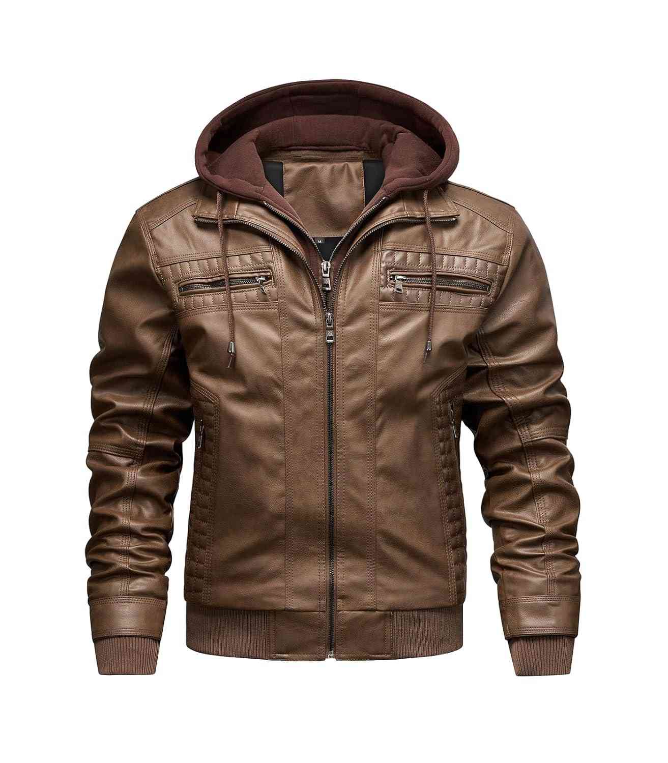 FTIMILD Jaqueta masculina de couro com capuz removível à prova d'água, jaqueta bomber com vários bolsos