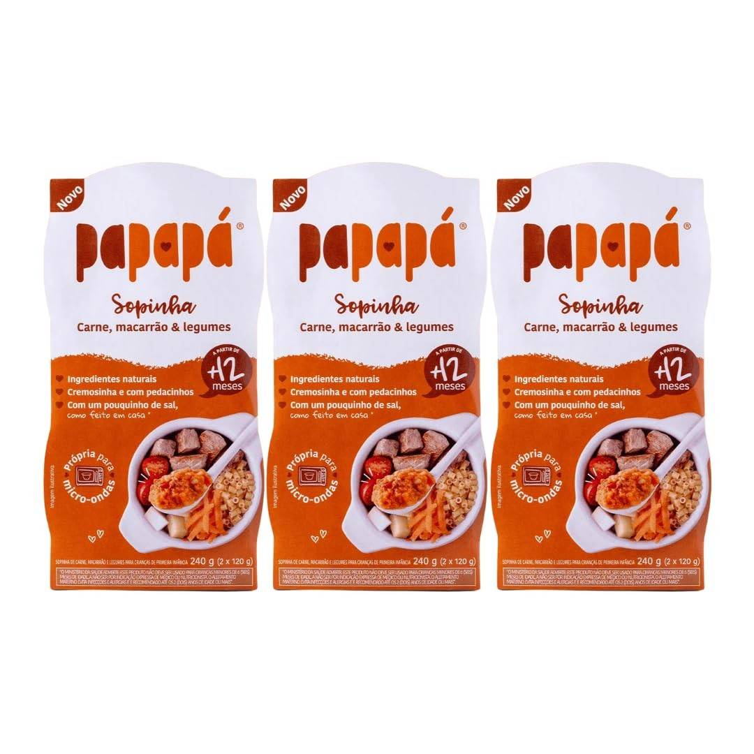 Papapa Kit 3 Unidades Sopinha Sabor Carne com Macarrão e Legumes 240g - Refeição Natural para Bebês