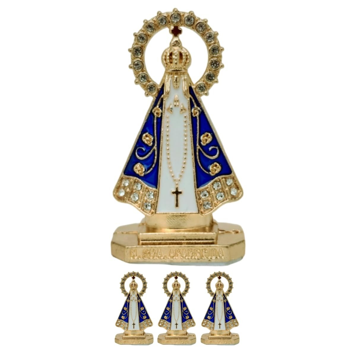 Kit 4 Mini Imagem Nossa Senhora Aparecida Dourada com Strass - Proteção e Fé no Painel do Carro