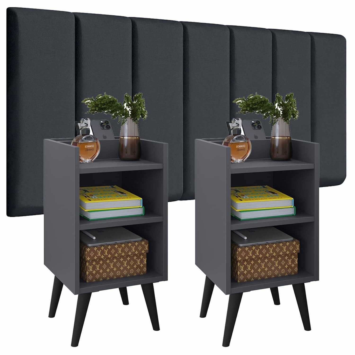Conjunto Cabeceira Cama Casal 1,40 Modulada com Criado Mudo - Design Moderno Cinza