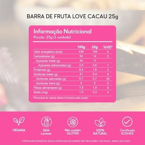 Hart's Natural Barra Love Cacau 25g, 100% Natural, Tâmara, Castanhas, Cacau 70%, Vegana, Sem Glúten, Sem Açúcar, Snack Saudável com Sabor de Chocolate (24 unidades)