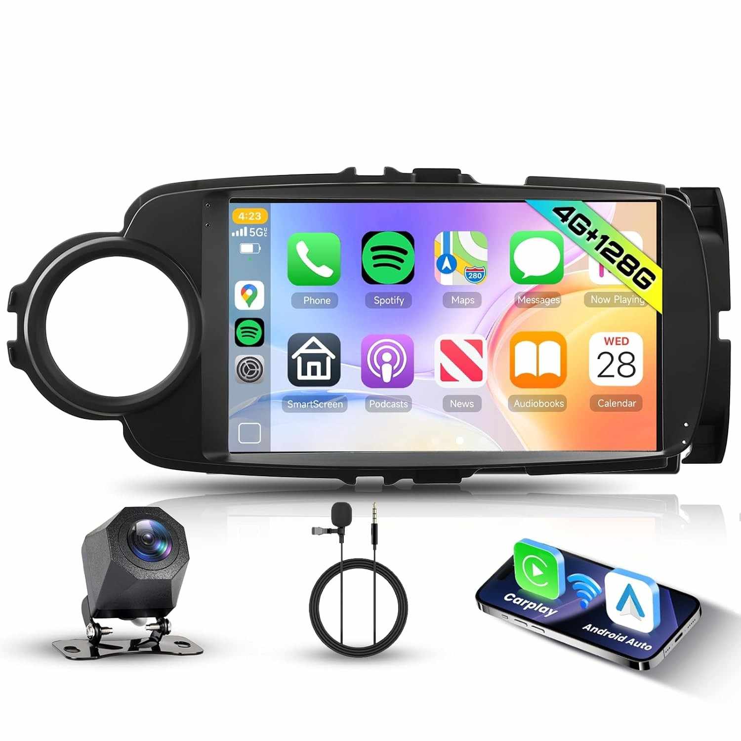 Central Multimídia Android 4G+128GB para Toyota Yaris 2012-2017: Carplay Sem Fio, GPS e Tela HD 9"