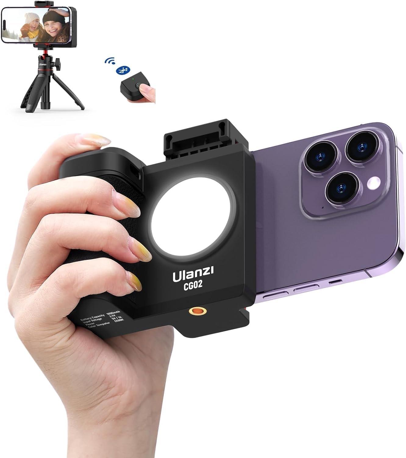 ULANZI CG02: Punho Câmera Smartphone com Controle Bluetooth e Luz LED Integrada