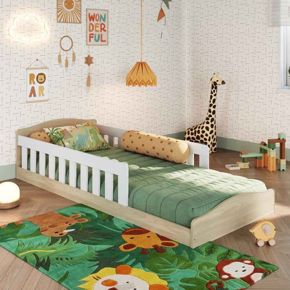 Cama Infantil Montessoriana de Chão com Grade de Proteção - Solteiro Estofada para Meninos e Meninas