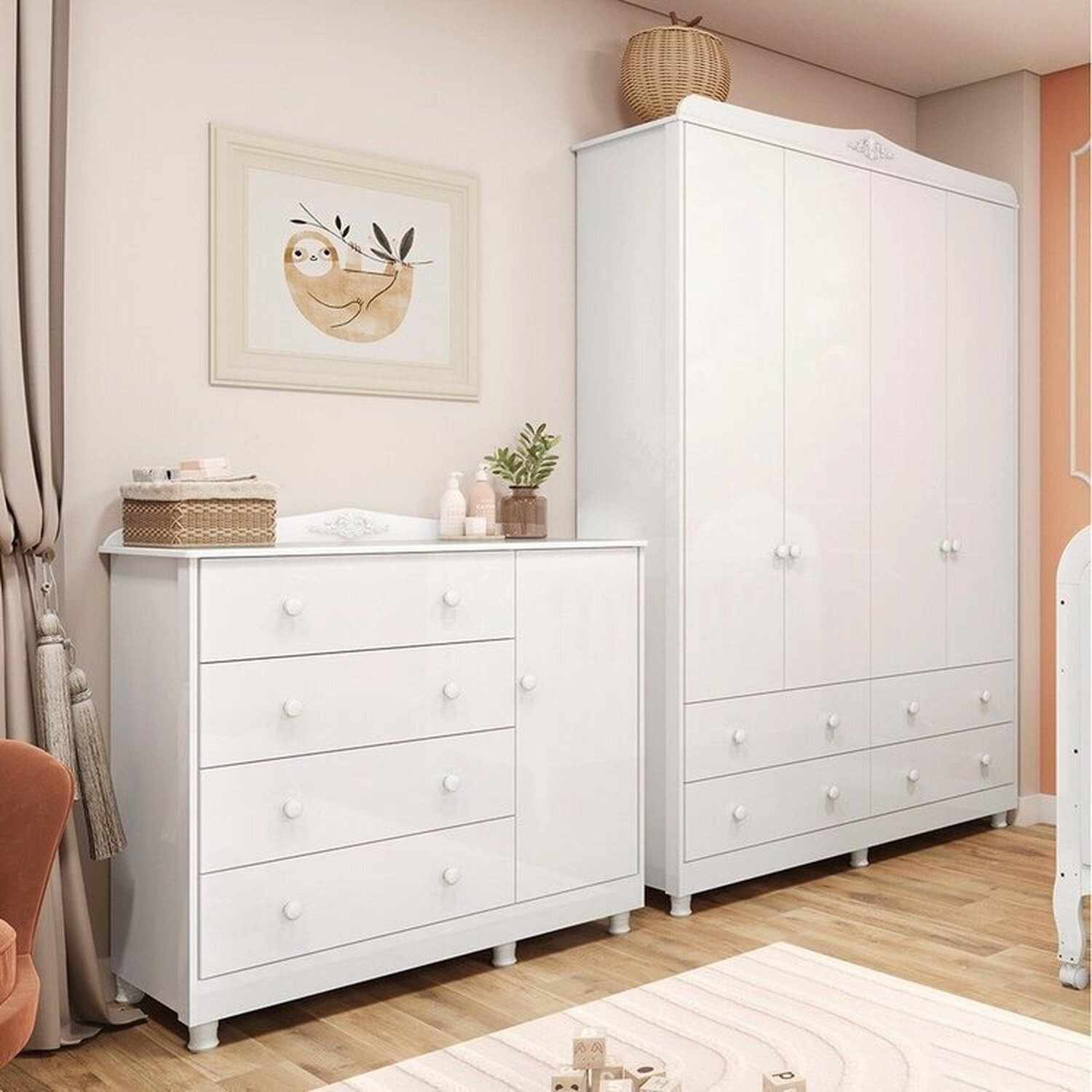 Quarto Infantil Maya Clássico Espresso - Guarda-Roupa 4 Portas e Cômoda 1 Porta em MDF Branco Brilho