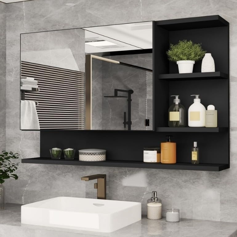 Armário Espelheira para Banheiro 1 Porta Cleópatra Preto - Design Moderno com Espelho e Resistência à Água
