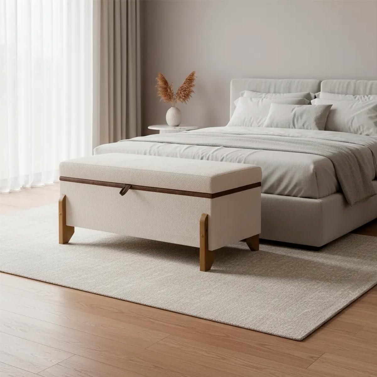 Puff Recamier Baú Bege 100 cm - Estilo Bouclé Moderno para Quarto ou Sala