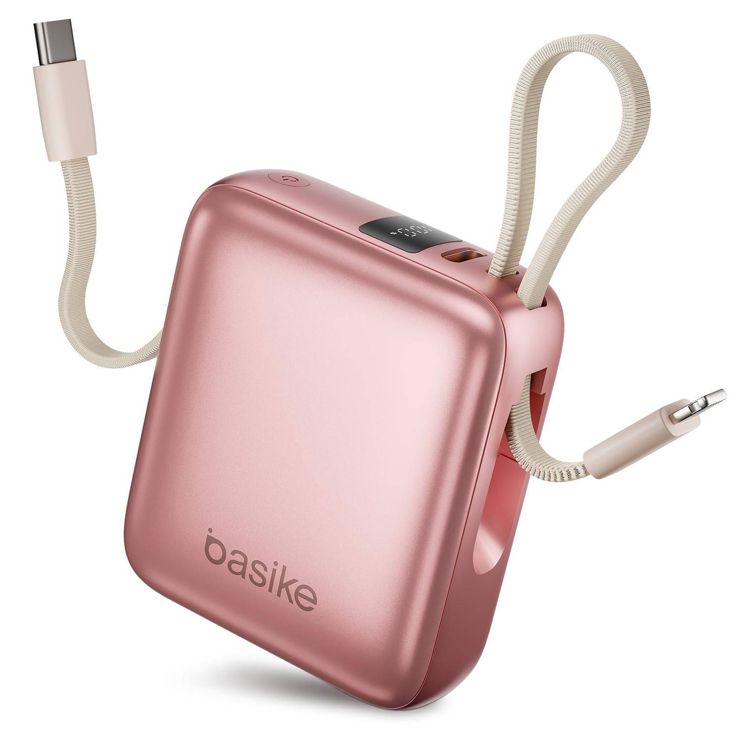 Mini Power Bank Basike 10000mAh Rosa: Carregador Portátil Rápido 22.5W com Cabos Integrados
