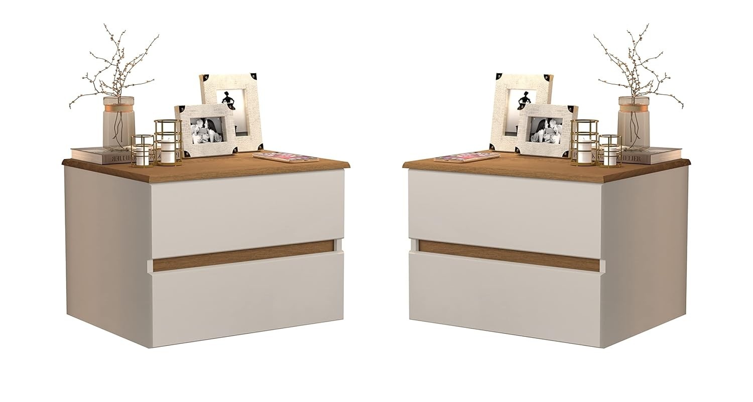Kit com 2 Mesas de Cabeceira Suspensas Tóquio com 2 Gavetas - Design Flutuante Moderno Off White e Freijó