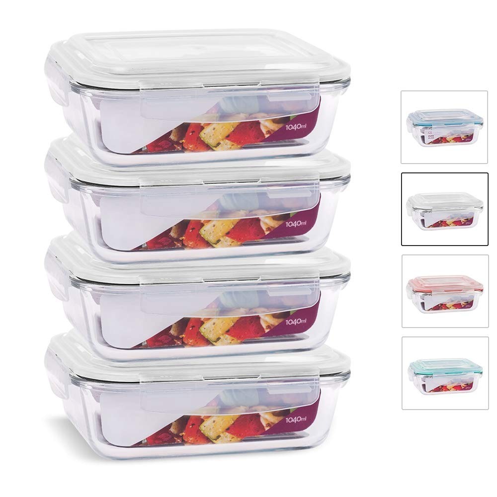 Kit 4 Potes de Vidro Retangular com Tampa Hermética 1040ml - Armazenamento Fresco e Seguro