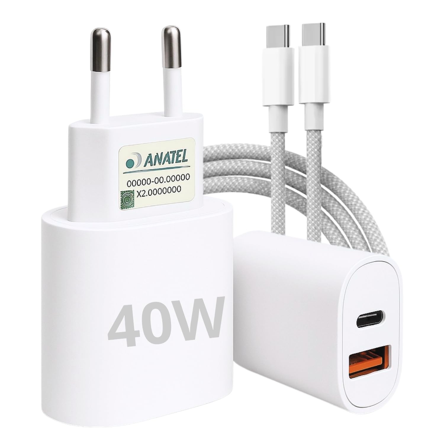 Carregador Turbo Tipo C 40W 9.1A com Cabo USB-C PD Power Duo - Carga Rápida Android/iOS