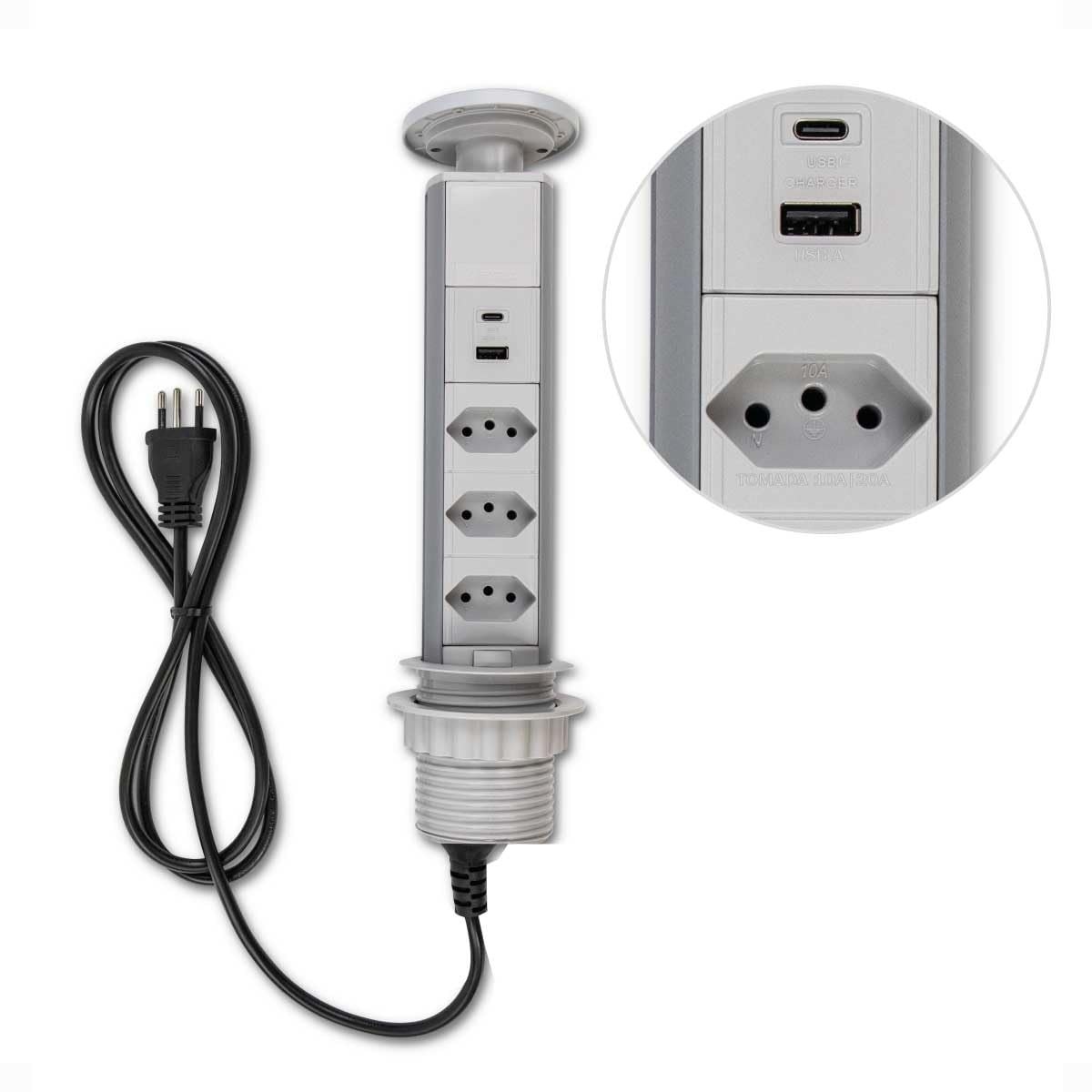 Torre de Tomada Retrátil Bivolt com USB-A e USB-C - 3 Tomadas 20A para Embutir