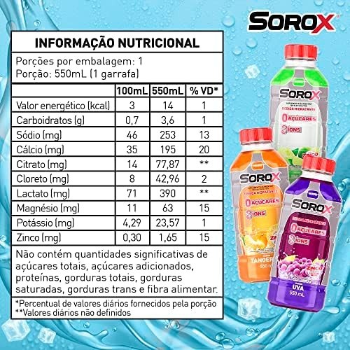 SOROX Bebida Hidratante Zero Açúcar com 8 Íons e Zinco para Imunidade, Baixa Caloria, Eletrolitos para Hidratação e Reposição Energética - 550ml (1-Pack)