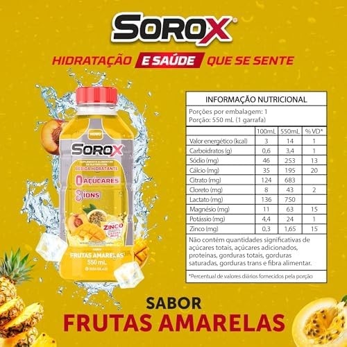 Sorox Frutas Amarelas Bebida Hidratante Zero Açúcar com 8 Íons e Zinco para Imunidade, Baixa Caloria, Eletrolitos para Hidratação e Energia, Refrescante e Nutritiva 550ml