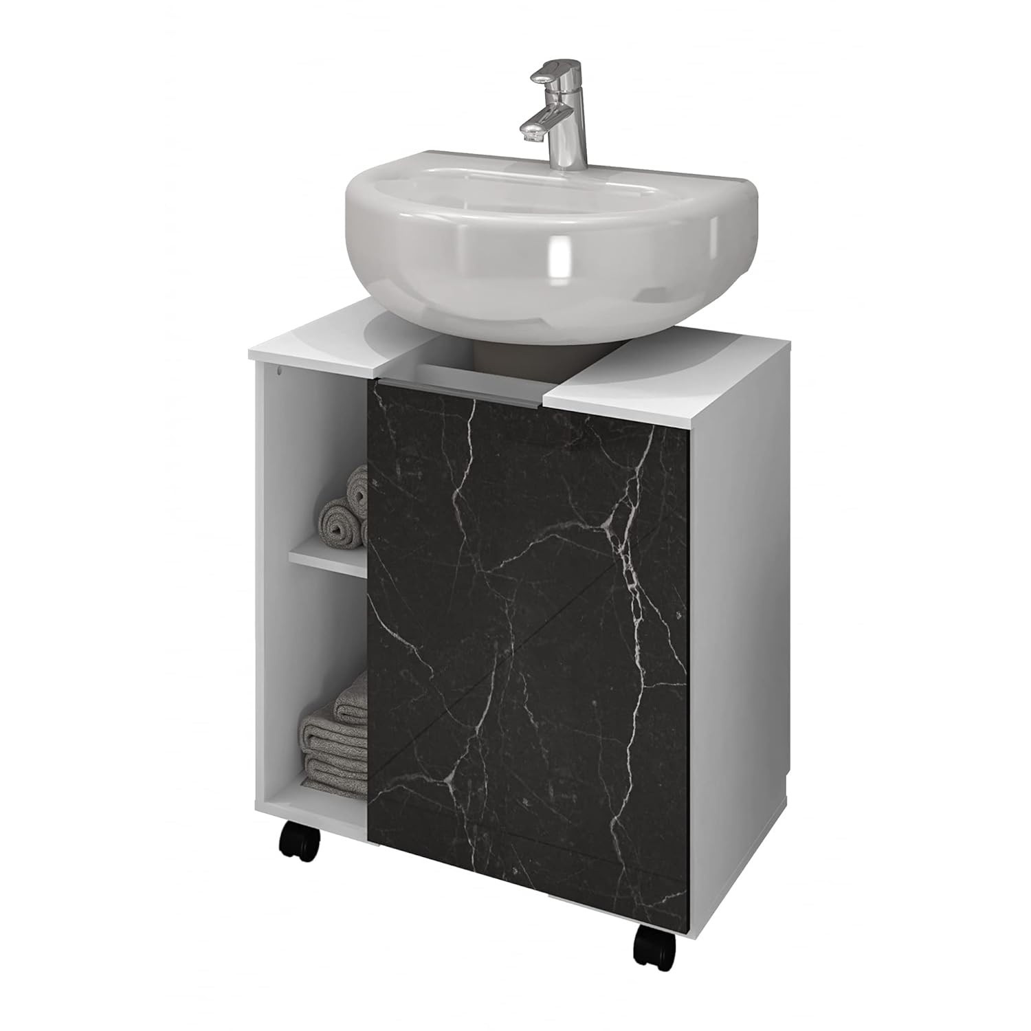 Gabinete Armário de Banheiro Pequin com Pia de Coluna – Branco/Nero Moderno com 6 Nichos e Rodízios
