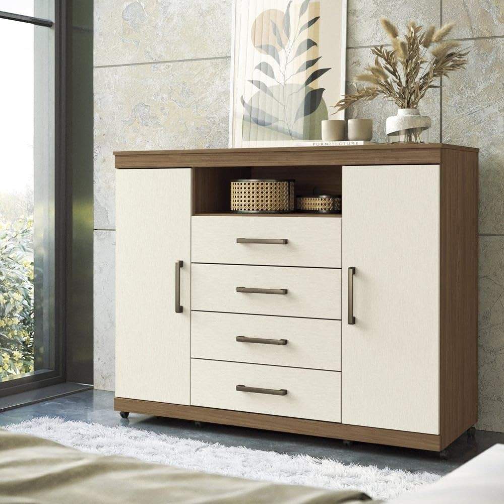 Cômoda Master 2P+4G+1Nicho com Rodízios Jatobá/Areia - Organize seu Quarto com Estilo