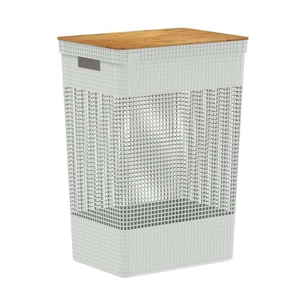 Cesto de Roupas com Tampa de Bambu 49L Branco Oceano - Organize com Estilo e Sustentabilidade