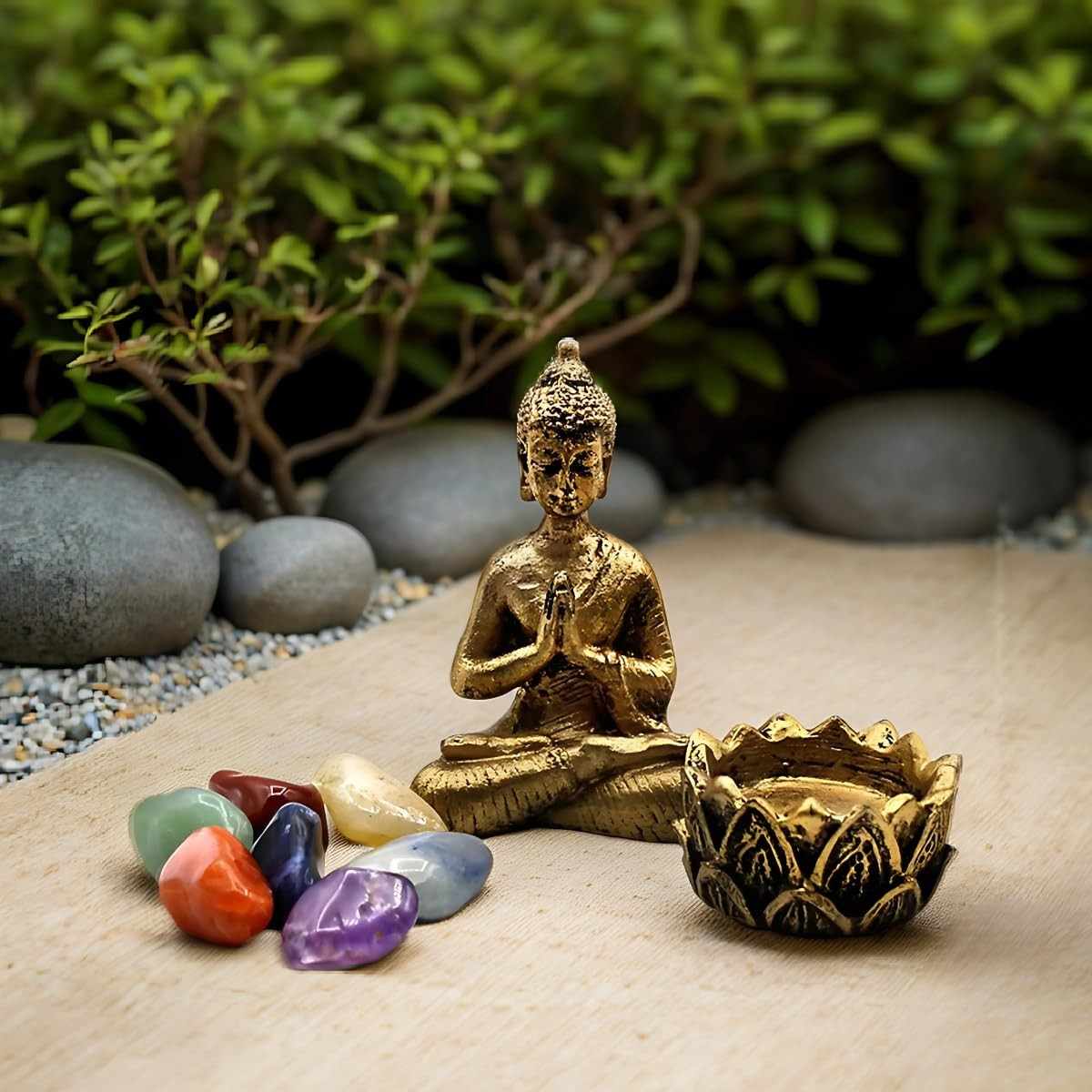 Kit Espiritualidade e Equilíbrio com Estátua de Buda, Incensário e Pedras dos 7 Chakras