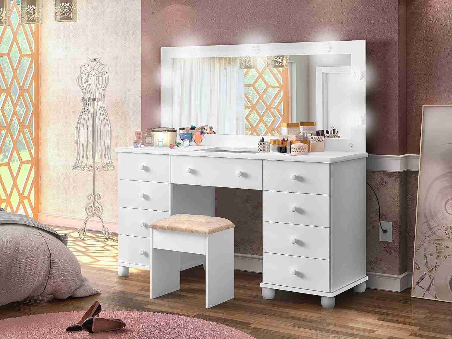 Penteadeira LX Camarim 9 Gavetas com LED, Espelho e Banqueta – Organize seu Espaço com Estilo