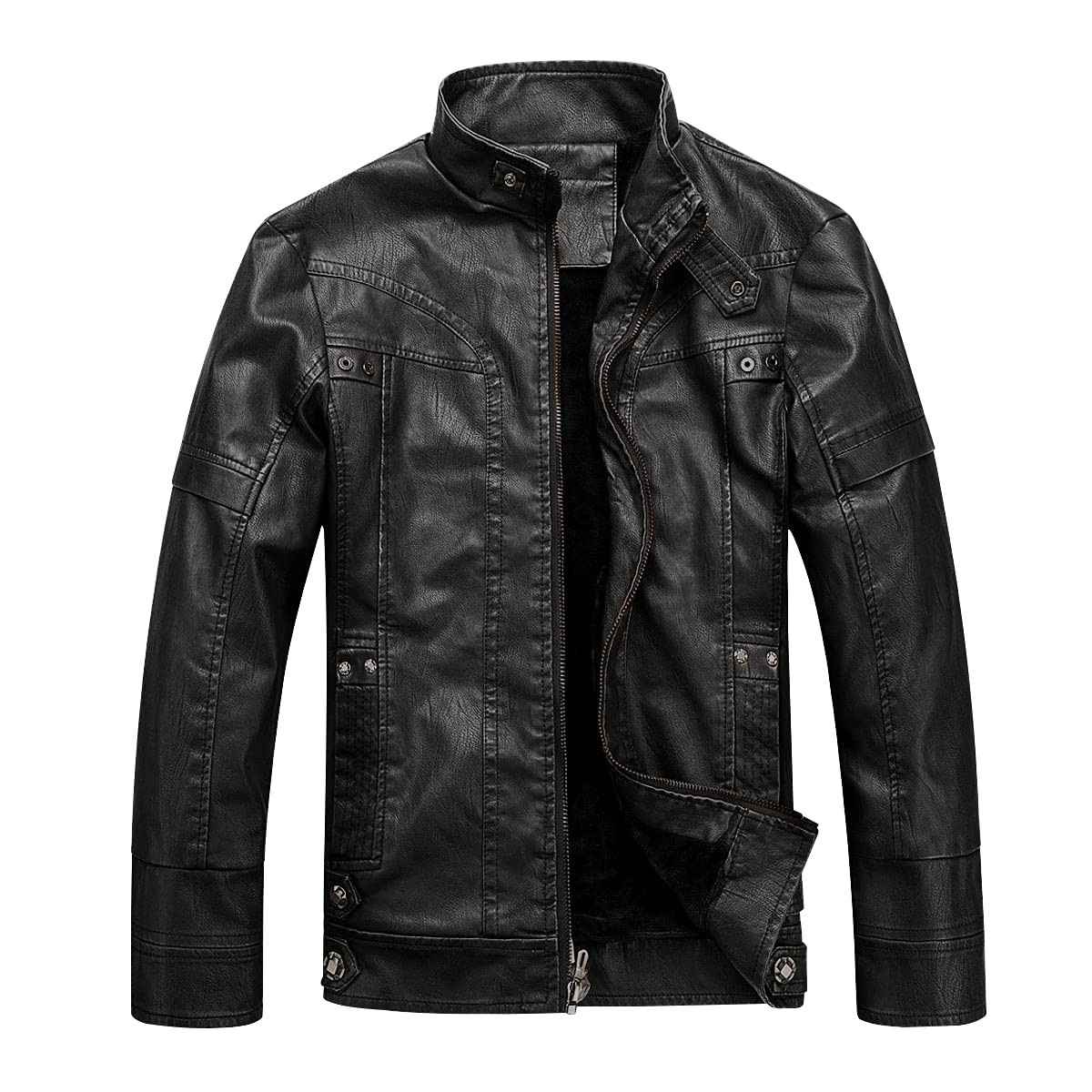 WULFUL Jaqueta masculina vintage de couro com gola alta, jaqueta e casaco de poliuretano para motociclista