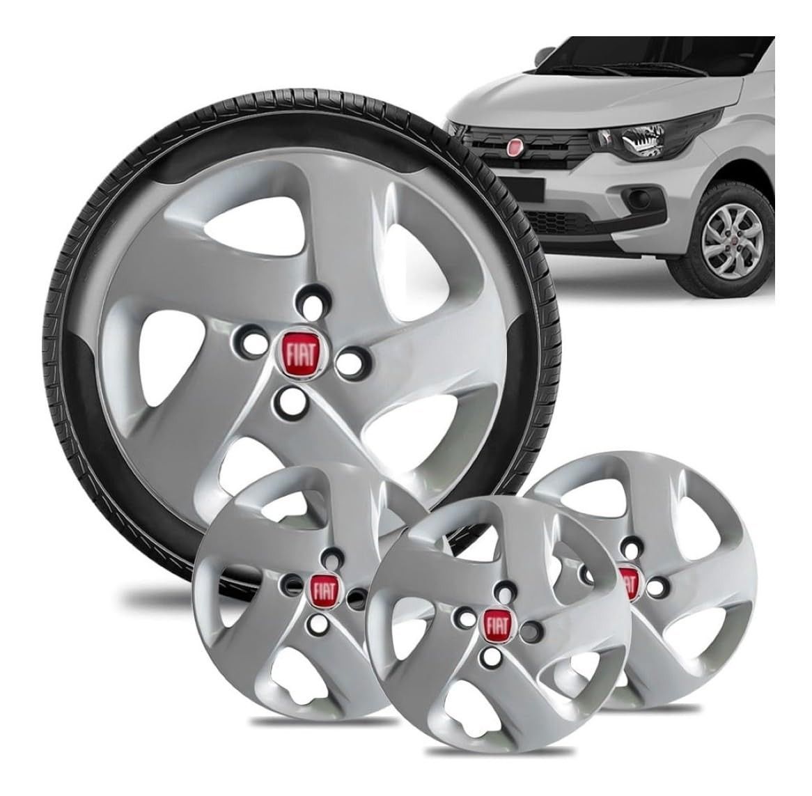 Jogo 4 Calotas Aro 14 Fiat Mobi Prata com Emblema Vermelho - Estilo e Proteção!
