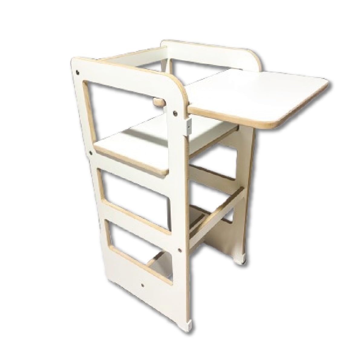 Torre de Aprendizagem Montessori com Acessórios - Branca com Mesa Sensorial, Mesa de Giz e Bandeja