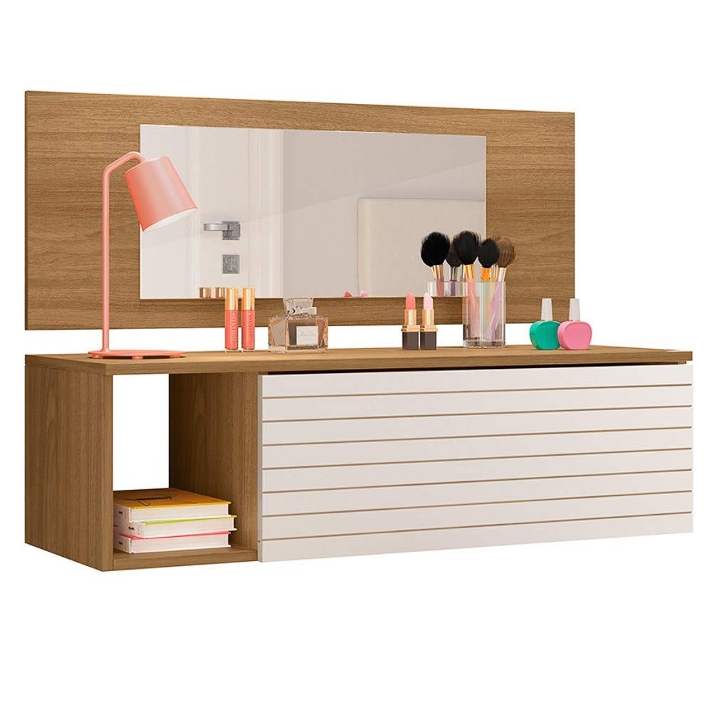 Penteadeira Joy com Espelho e 1 Gaveta - Design Compacto em Branco/Natural