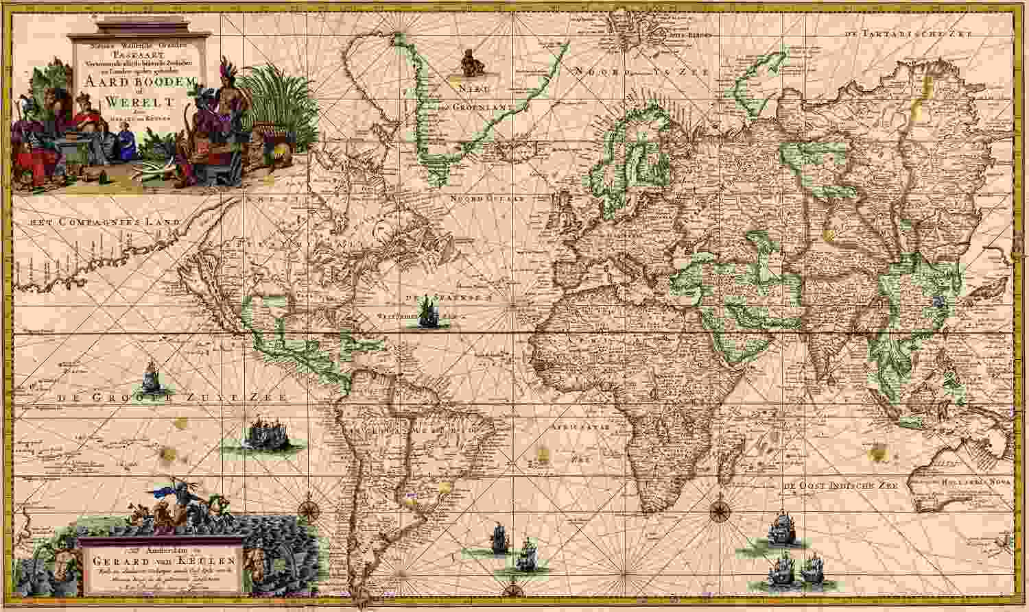 Mapa Mundi Antigo (1728) - 75x126cm - Tela Canvas para Quadro com Arte Original