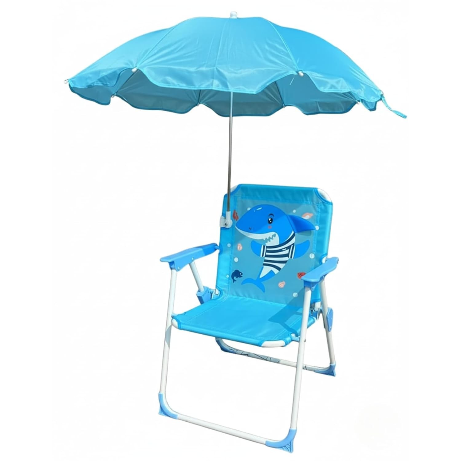 Cadeira de Praia Infantil com Guarda-Sol | Estampas Divertidas | Leve e Dobrável (Azul/Tubarão)