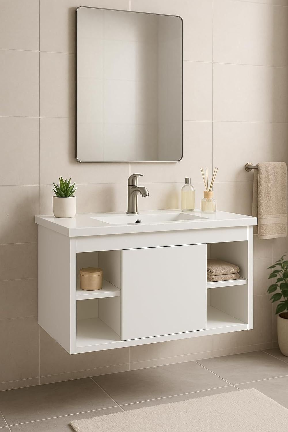 Conjunto Gabinete Cuba E Espelheira Para Banheiro Completo Com Nichos Porta Espelho Branco Moderno