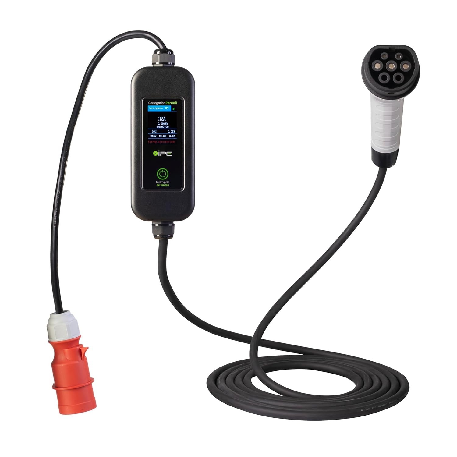 Carregador Portátil 22kW 380V para Carro Elétrico com Tela LCD - Conector Tipo 2
