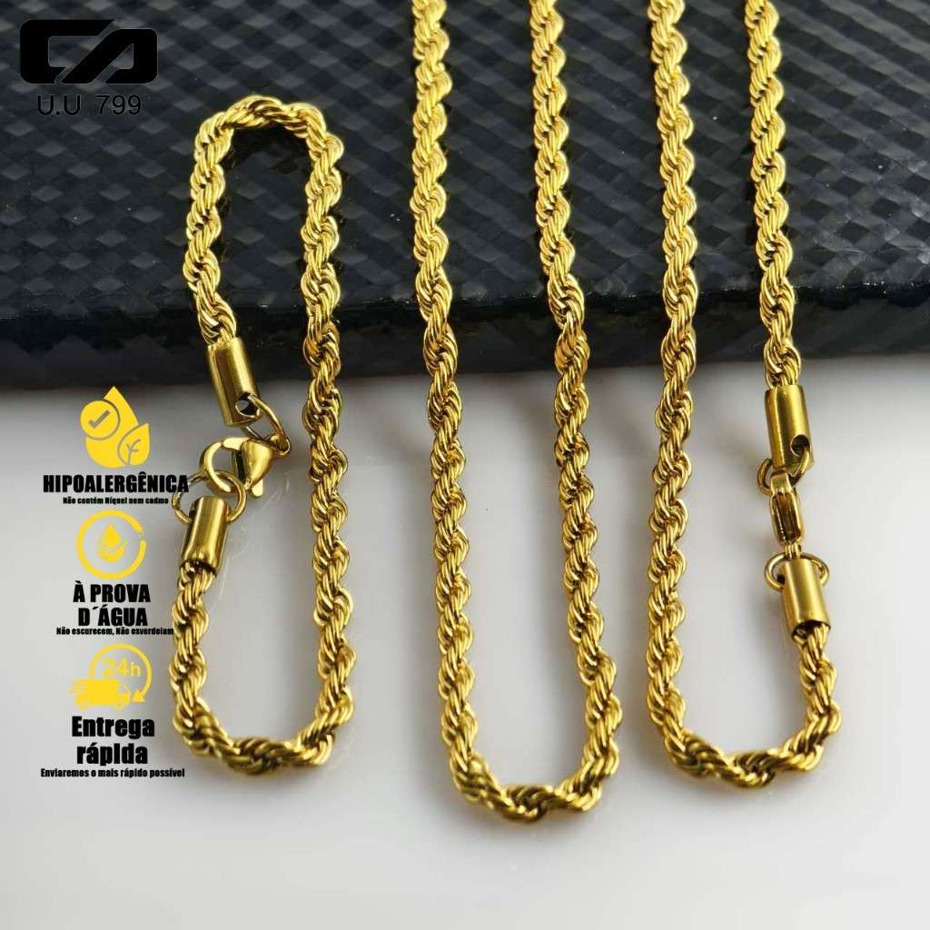 Conjunto Aço Dourado/Prata: Corrente + Pulseira