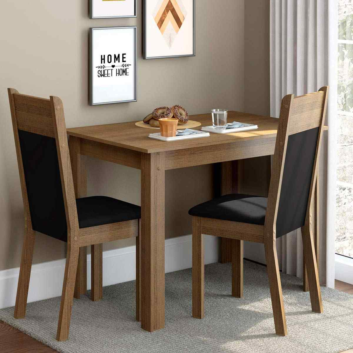 Conjunto Sala de Jantar Madesa Lola - Mesa com Tampo de Madeira e 2 Cadeiras Rustic/Preto
