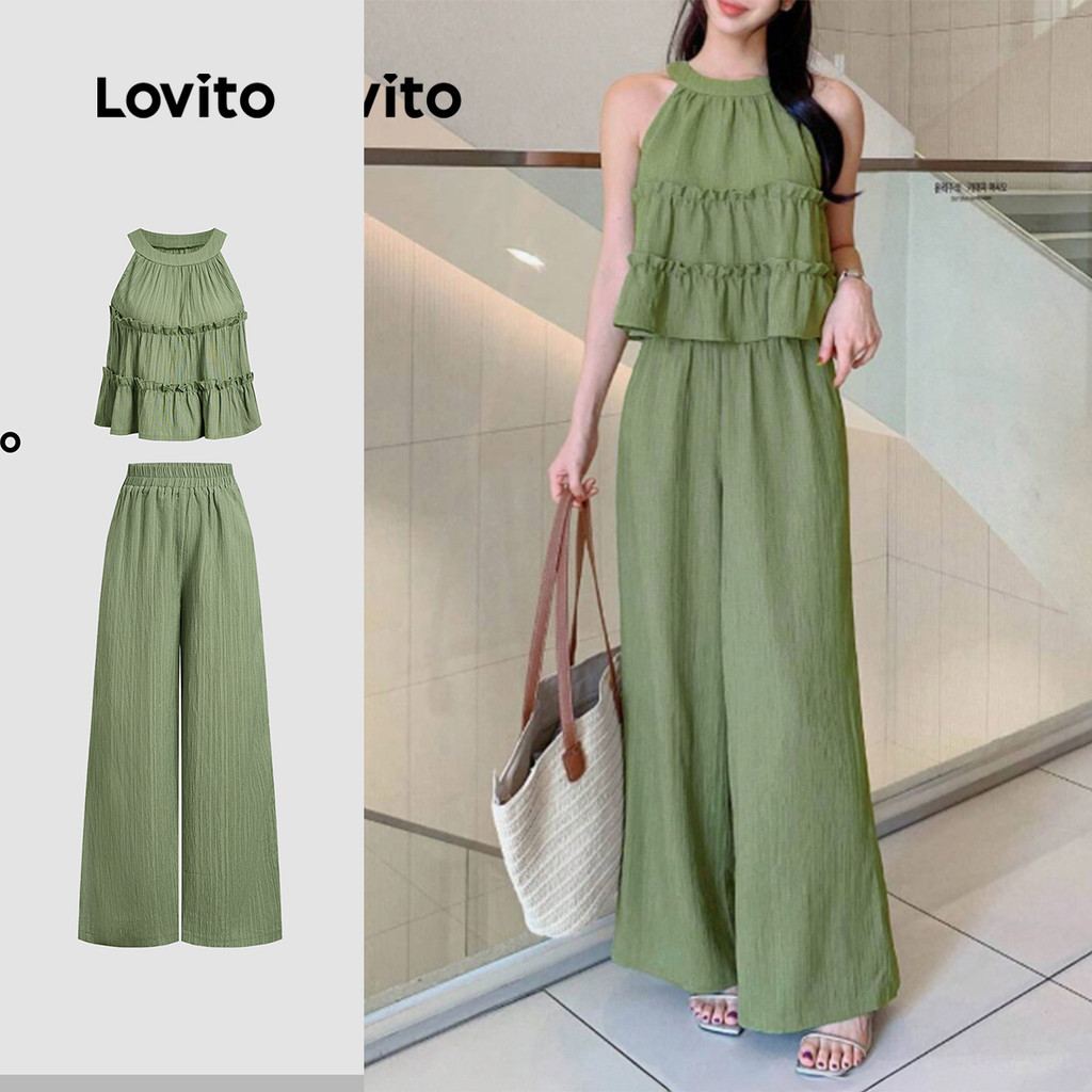 Conjunto Elegante Lovito com Babados e Estampa de Hortênsia