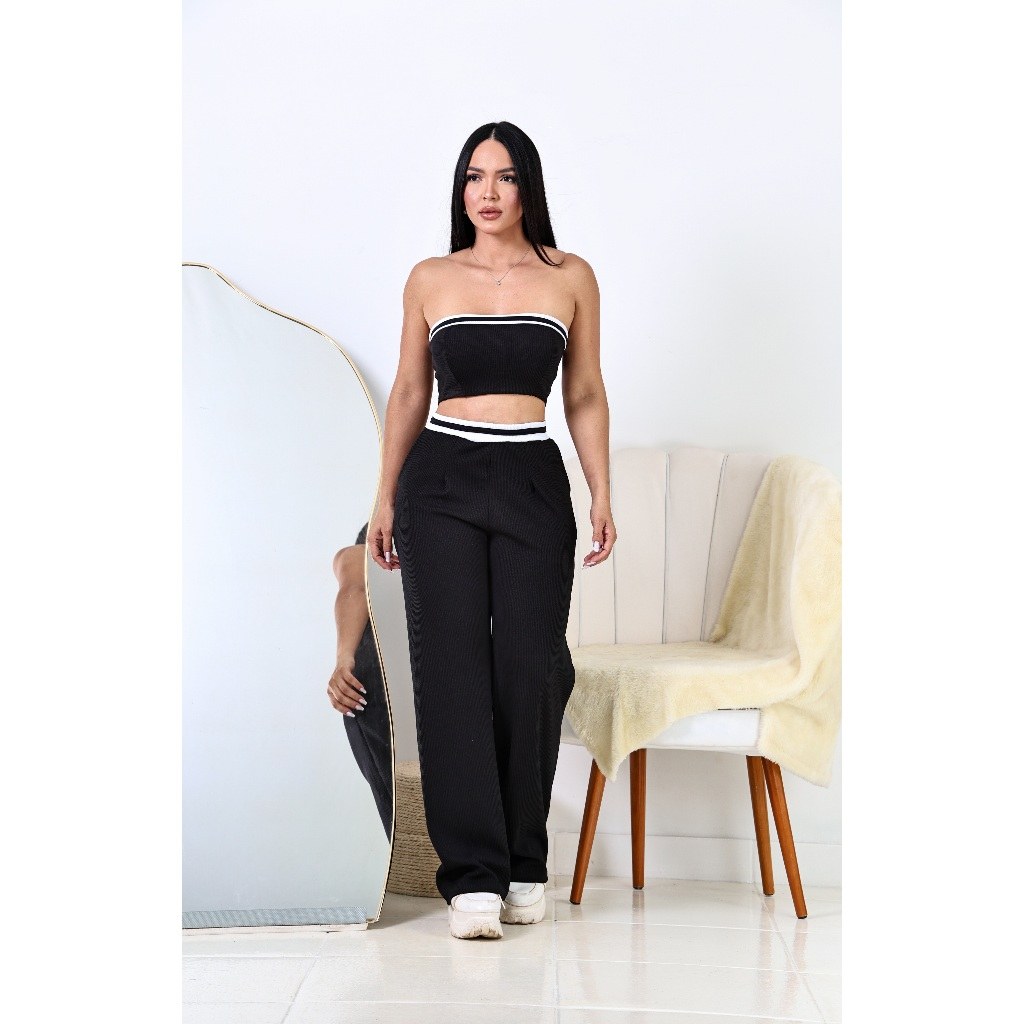 Conjunto Feminino Canelado Pantalona Preto Cropped – Estilo e Conforto