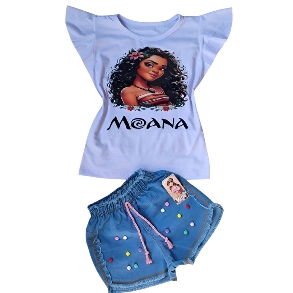 Conjunto Moana: Shorts Jeans + Blusa Verão Infantil