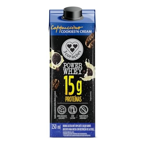 3 Corações Bebida Láctea Cappuccino Power Whey Cookies n'Cream 15g de Proteína com Cafeína 250ml - 12 unidades