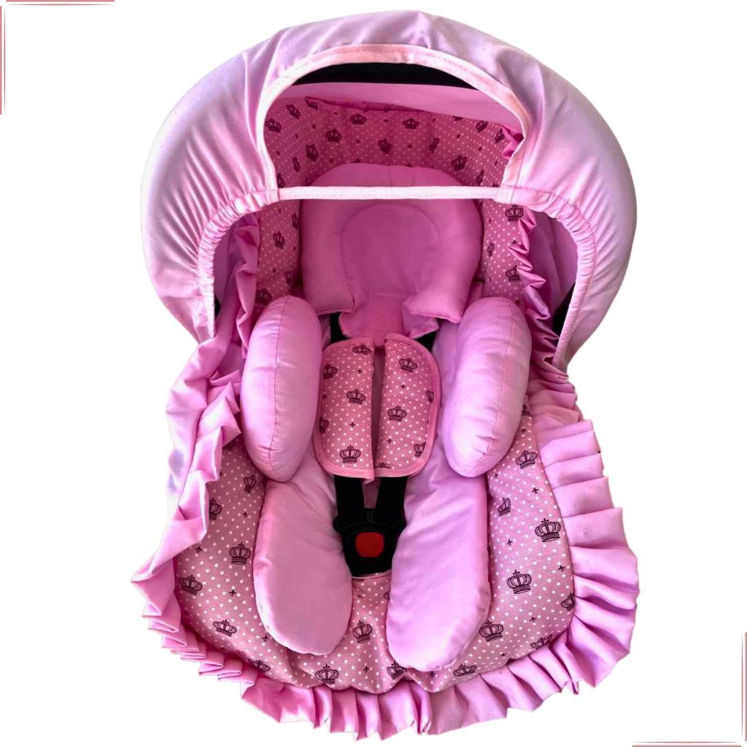Kit 5 Peças Bebê Conforto: Capa Protetor Cinto, Capota e Redutor (0-13kg) - Estilo Coroa Rosa