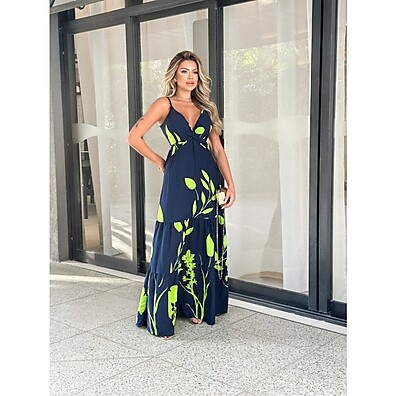 Vestido Feminino Longo Estampado com Amarração nas Costas