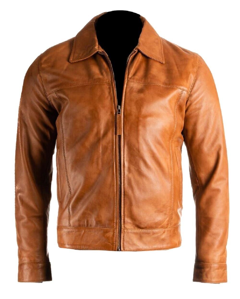 Isaac & David Chicago Jaqueta masculina clássica de couro de pele de cordeiro preto/marrom, parte inferior aberta, jaqueta de corrida vintage para motociclista