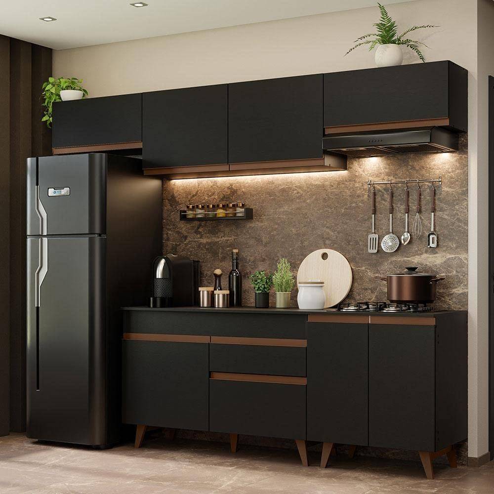 Armário de Cozinha Reims 260cm Preto com Bancada Removível - Madesa