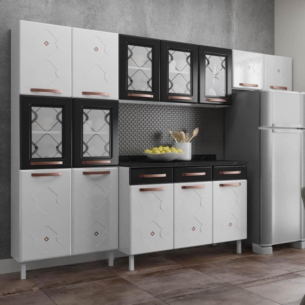 Cozinha Completa Mirage New 14 Portas 2 Gavetas 5 Vidros Telasul Preto - Design Moderno e Resistente