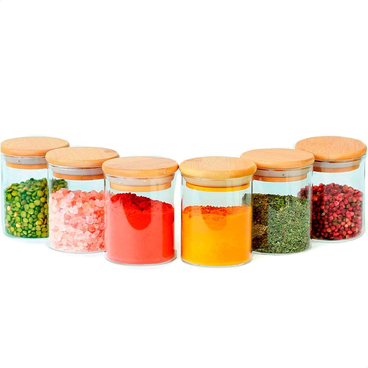 Kit 6 Potes de Vidro 200ml com Tampa de Bambu - Sistema Hermético para Organização da Cozinha