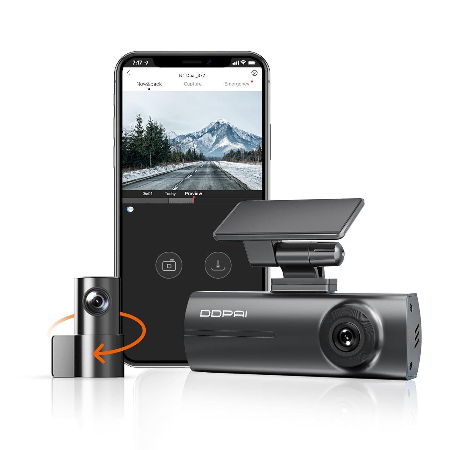 DDPAI N1 Dual Dash Cam: Visão Dupla 1296P+1080P, WiFi, Supercapacitor e Visão Noturna 24h