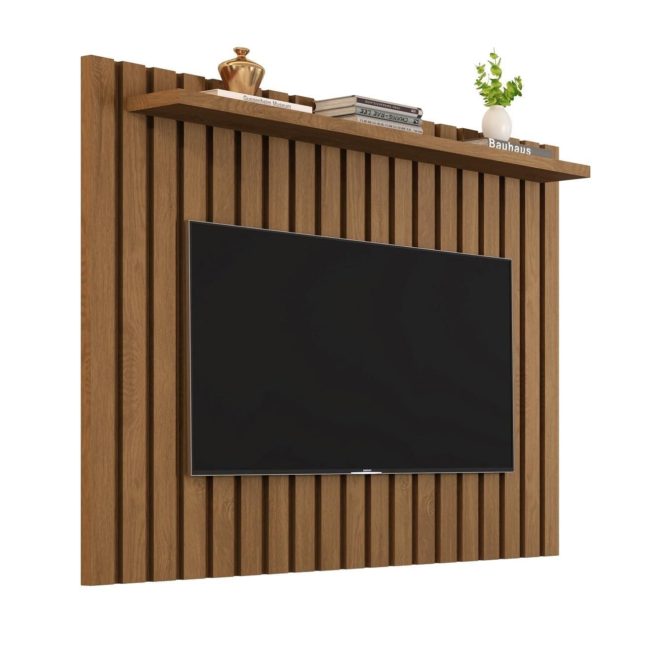 Painel Ripado para TV até 50" Lily com Prateleira - Design Moderno para Sala de Estar (Freijó)