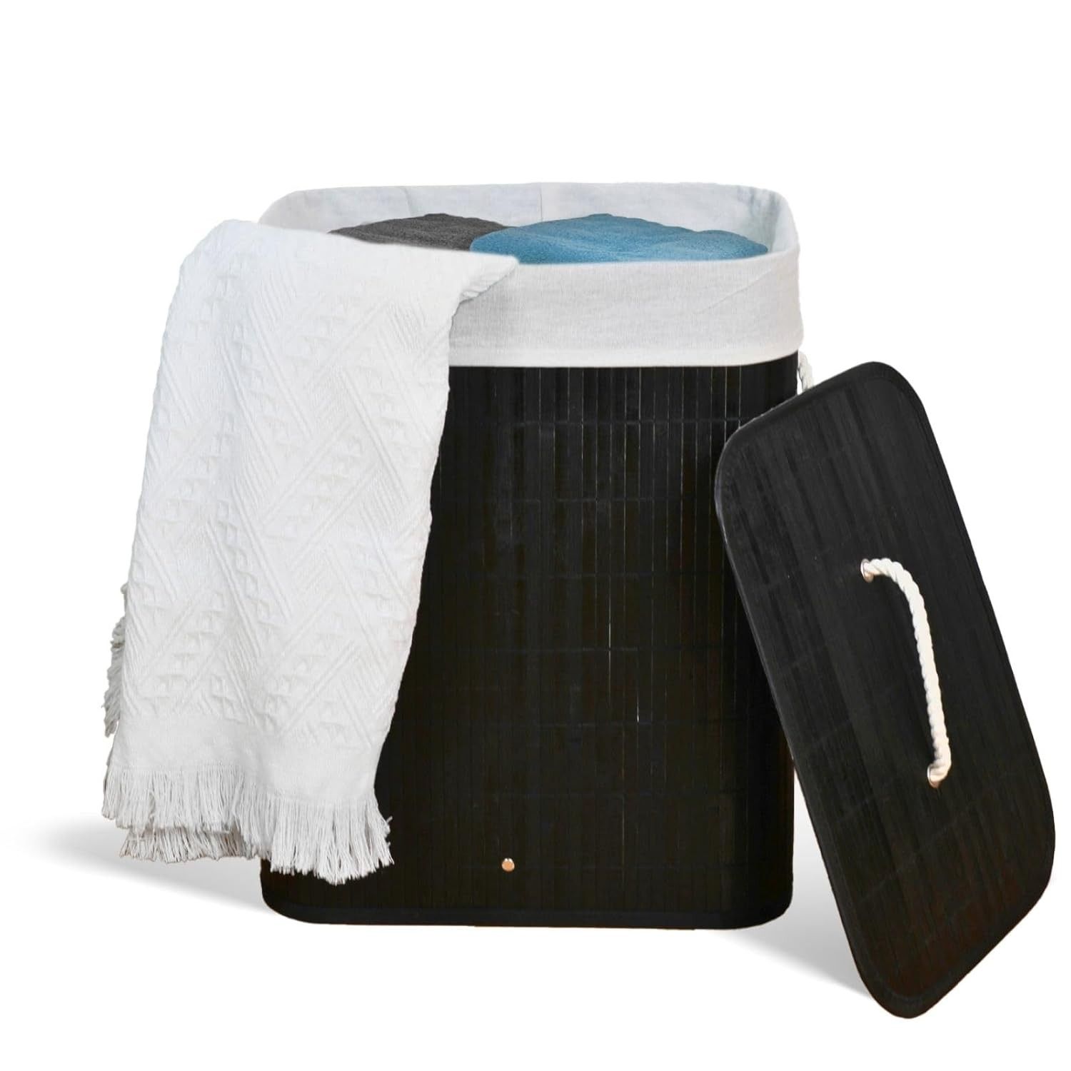 Cesto de Roupa Suja com Alças em Bambu | 50L com Tampa e Forro Removível para Banheiro, Lavanderia e Quarto