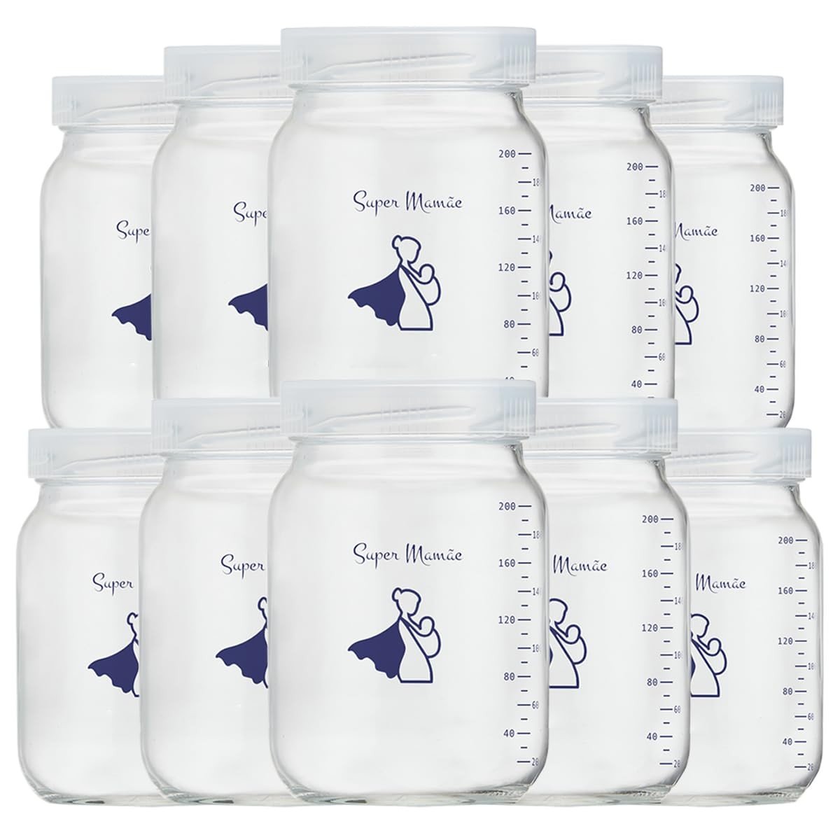 Kit com 14 Potes de Vidro para Leite Materno 200ml com Graduação - Segurança e Pureza na Amamentação