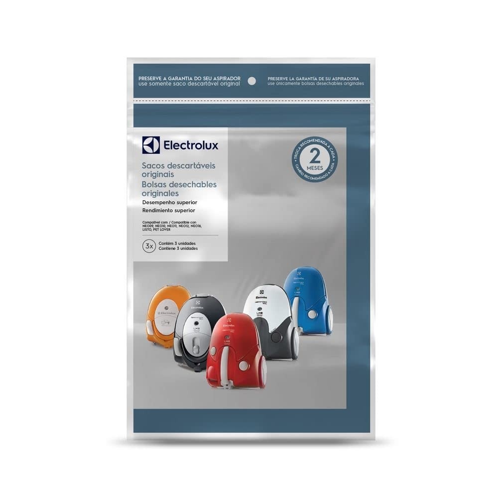 Kit 3 Sacos de Aspirador Electrolux - Compatível com Modelos NEO11, NEO16, LISTO, LISTP, NEO12 | Biodegradáveis e com Dupla Filtragem