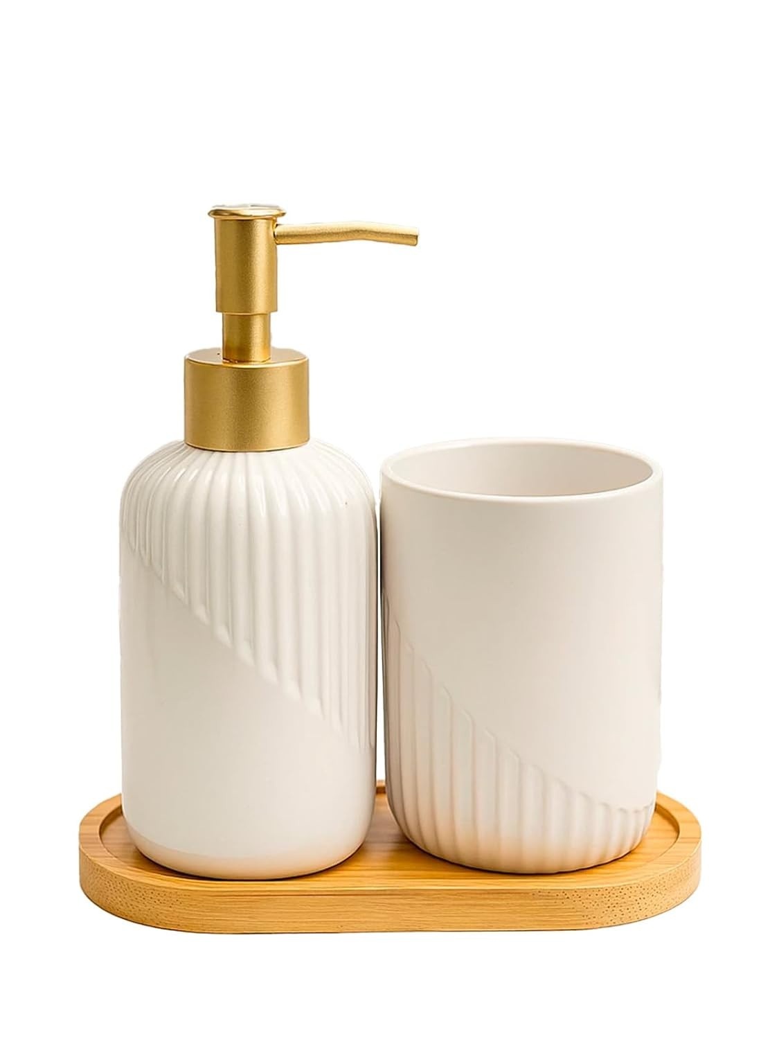 Kit Lavabo Luxo com Dispenser de Sabonete e Porta-Escovas Multifuncional em Bambu Branco